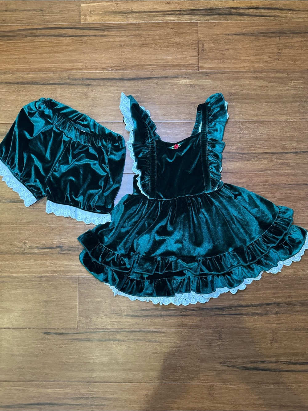 Bums and Roses Velvet Emerald Green Christmas Pinafore Girls Dress with Bloomers
